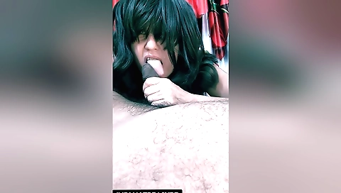 Mature milf sucks and cums a long dick in front of the camera