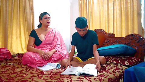 Indian big tits milf with long legs training her son