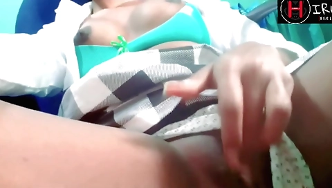 Indian teacher with black hair is fingering herself