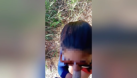 Amateur brunette touching a man in public outdoors