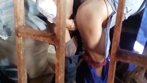 Red head chick in a village shows herself with a couple of cum