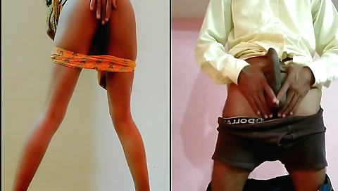 Indian girl in black tshirt and red skirt in webcam video