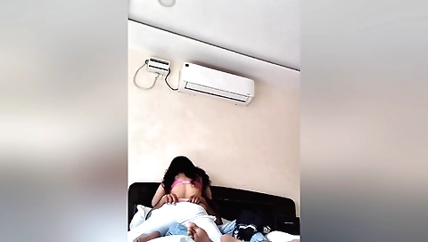 A brunette is having her ass banged by a dude at home