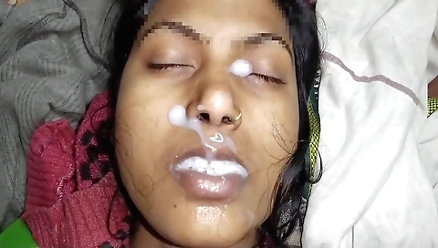 A good-looking brunette babe takes a facial and a cum shot