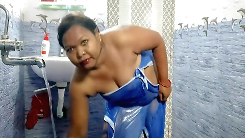 Indian housewife in red bikini gets naked in shower