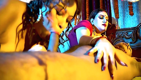 Hot brunette hottie gets a hot cumshot in a threesome