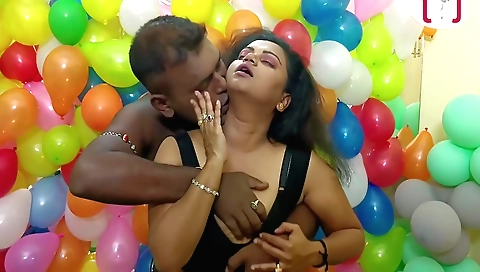 Chubby milf is having sex with a guy on her birthday